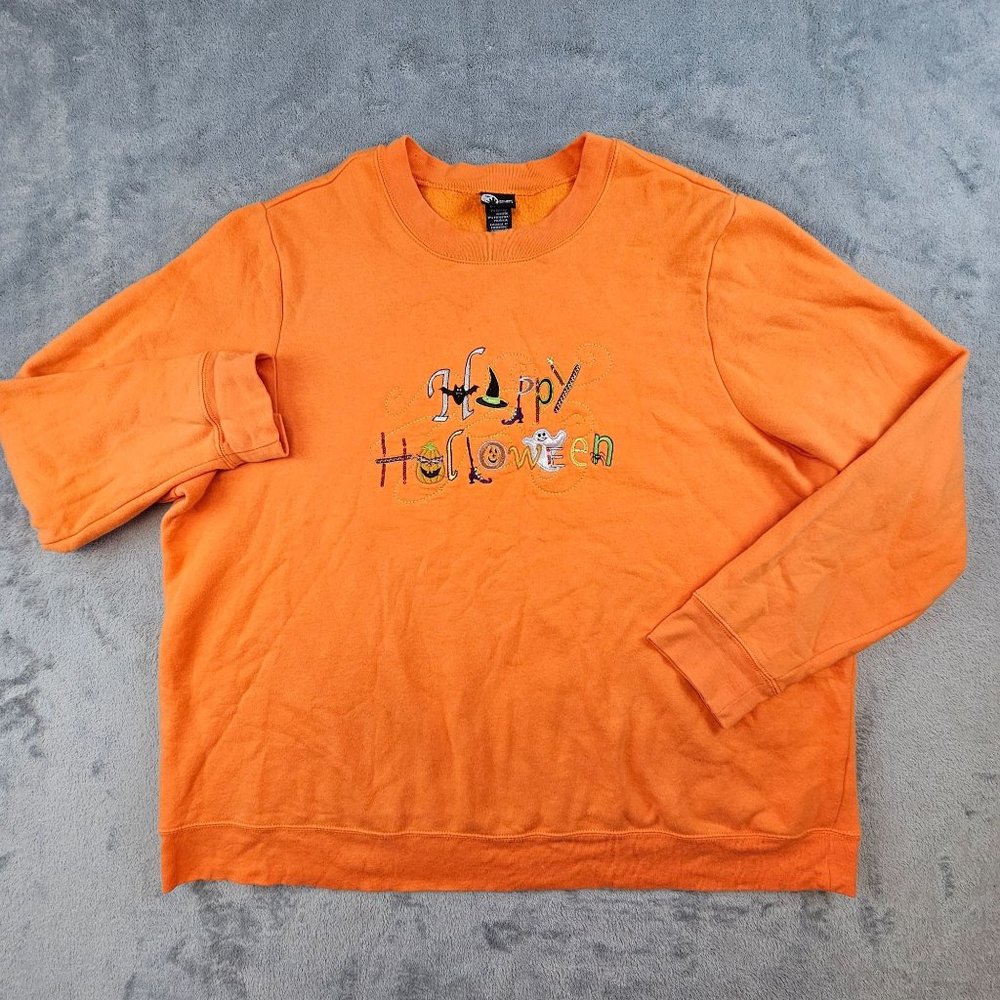 Halloween Editions Sweatshirt Womens 2X Orange‎ Embroidered Spellout Pullover